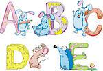 Funny childish letters ABCDE. Set of color vector illustrations.