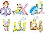 Funny childish Cyrillic (Russian) letters. Set of color vector illustrations.