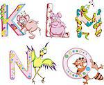 Funny childish letters KLMNO. Set of color vector illustrations.