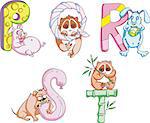 Funny childish letters PQRST. Set of color vector illustrations.