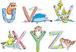 Funny childish letters UVWXYZ. Set of color vector illustrations.