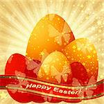 Easter greeting gold card with Easter eggs and ribbon and rays  (vector eps 10)