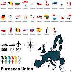 Vector of political map of European Union set with maps and flags on white background