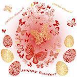 Easter greeting red-gold card with eggs and butterflies (vector)