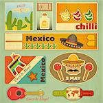 Set of Mexican Stickers in Retro Style. Vector Illustration.