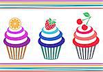 Vector illustration of three isolated colorful fruit cupcakes