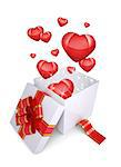 Red hearts fly out of an open gift box. The concept of Valentine's Day