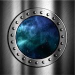 Brushed metal background with porthole looking out to space