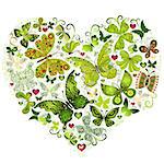 Big spring grunge heart made of green butterflies (vector)