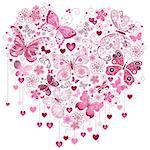 Valentine pink big heart with butterflies isolated on white (vector)