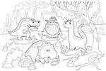 Funny dinosaurs in a prehistoric landscape, black and white. Cartoon  vector illustration