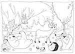 Animals in the wood, black and white. Cartoon vector illustration