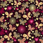 Valentine seamless dark purple pattern with gold butterflies and glowing hearts (vector)