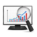 Magnifying glass showing rising bar graph with arrow on the screen of computer monitor, vector eps10 illustration