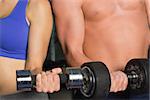 Close-up mid section of a shirtless man and woman with dumbbells in the gym