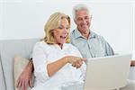 Cheerful loving senior couple using laptop on sofa in a house