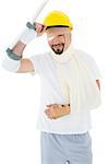 Portrait of a young man in hard hat with broken hand and crutch over  white background