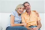 Cheerful man and woman sitting on sofa in living room at home