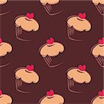 Seamless vector pattern background with big chocolate brown cupcakes, muffins, sweet cake and red heart on top. Background or texture with sweets desktop wallpaper, web design or culinary blog website