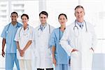 Group portrait of doctors standing in a row at the hospital