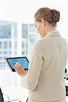 Rear view of a beautiful young businesswoman using digital tablet in a bright office