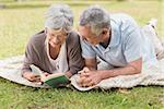 Smiling relaxed senior couple reading book while lying in the park