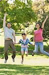 Portrait of a family of three holding hands and jumping at the park
