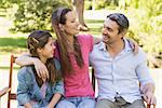 Portrait of a smiling couple with daughter sitting on park bench