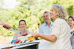 View of extended family dining at outdoor table