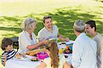 High angle view of extended family dining at outdoor table