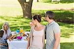 Couple with extended family dining background at outdoor table