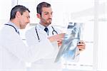 Two male doctors examining xray in a bright medical office