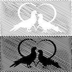 Monochrome silhouette of two doves and a heart. Valentine's day and wedding card on a doodle background. Vector-art illustration