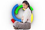 Businesswoman sitting cross legged with arms crossed against colorful arrow circle