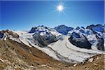 View from Gonergrat with Sun over Gorner Glacier, Monte Rosa Glacier and Monte Rosa Mountain Range, Zermatt, Alps, Valais, Switzerland