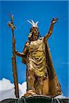 Close-up of statue of Pachacuti against blue sky, in Plaza de Armas, Cusco, Peru