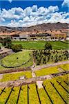 Overview of garden and grounds at Qurikancha, Convent of Santo Domingo, and street scene in background, Cusco, Peru