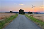 Countryside with Forked Road and Wind Turbine at Dusk, Bad Mergentheim, Baden-Wurttemberg, Germany