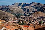 Scenic view of mountains and rooftops of homes, Cusco, Peru