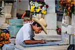 Man Maintaining Tombstone at San Miguel Cemetery, Day of the Dead Festival, Oaxaca de Juarez, Oaxaca, Mexico