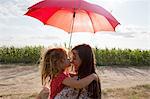 Mother and daughter hugging under red umbrella