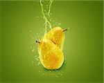 Fresh Pear with water splashes on green background.