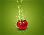 Fresh red tomato with water splashes on green background.
