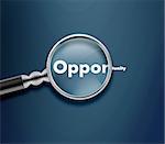 Magnifying glass with Opportunity word on blue background.