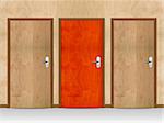 Two wooden doors and red one.