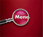 Magnifying glass with Money word on Red background.