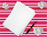 Blank white paper with pen and crumpled paper.