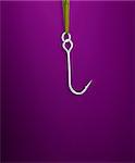 Shiny fishing hook on purple background.