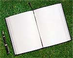 blank opened book outdoors on the green grassland and pen