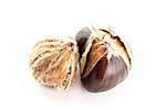 Sweet chestnuts with peels on white background.